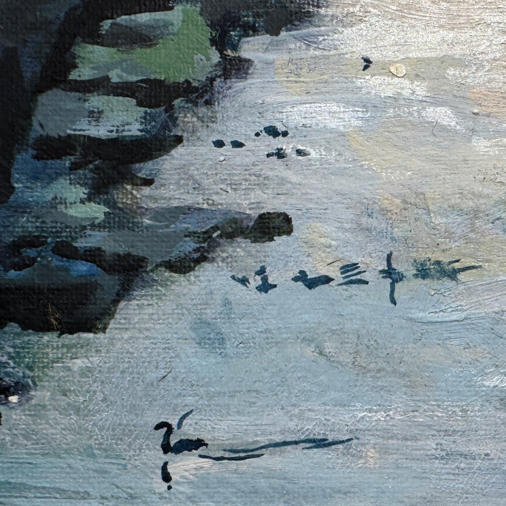 Abstract painting with textured surface and black brush strokes
