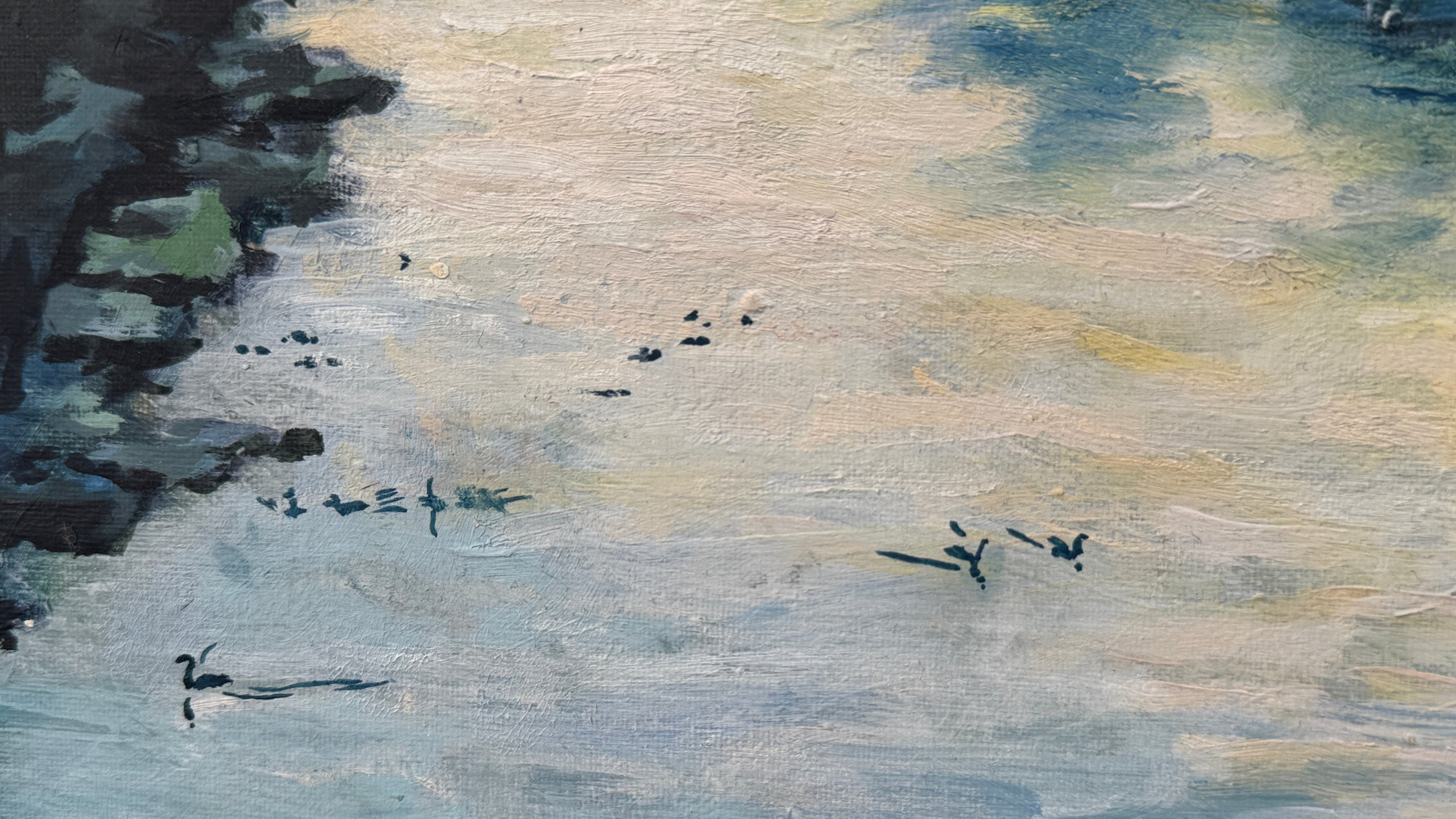 Artistic depiction of birds on water with abstract brushstrokes